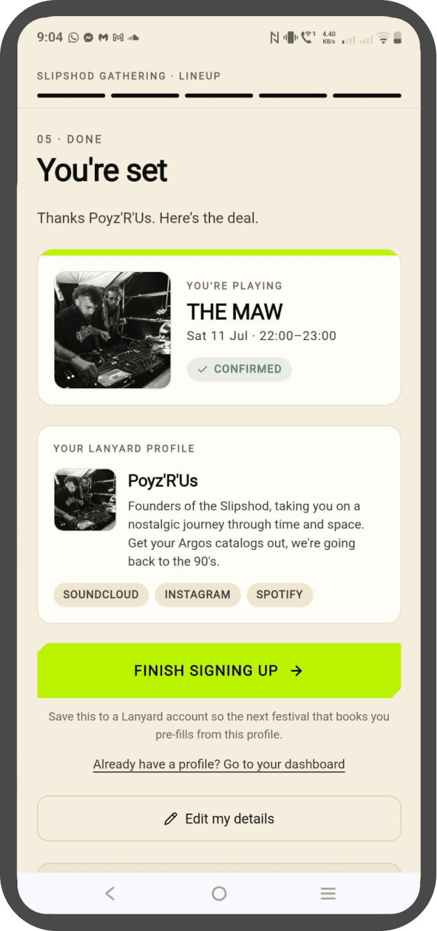 Step 05 — “You’re set”, confirming the set time and the Lanyard profile.