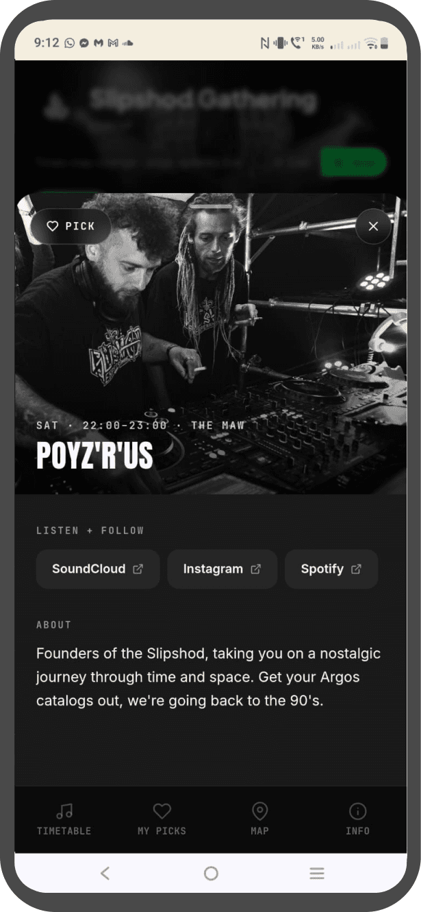 The punter app artist page for Poyz’R’Us — press shot, set time, links and bio.
