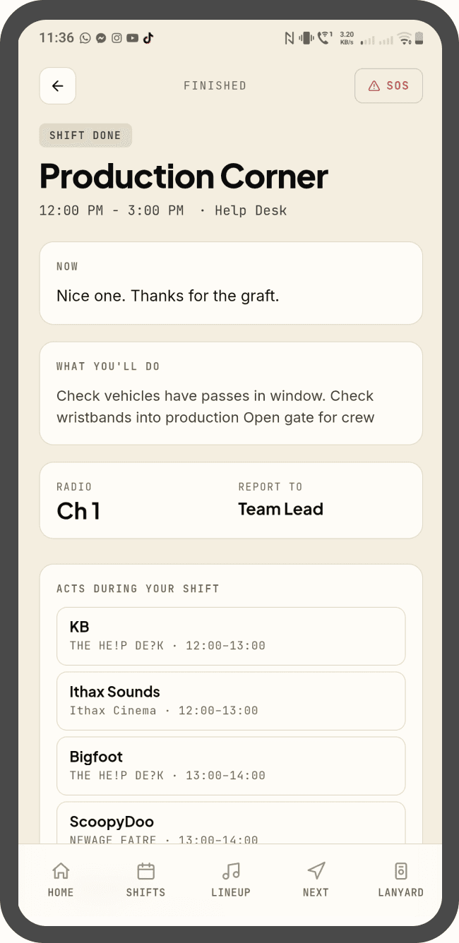 Worker app home screen — 'Hey, Alex', shift summary and crew chat links.
