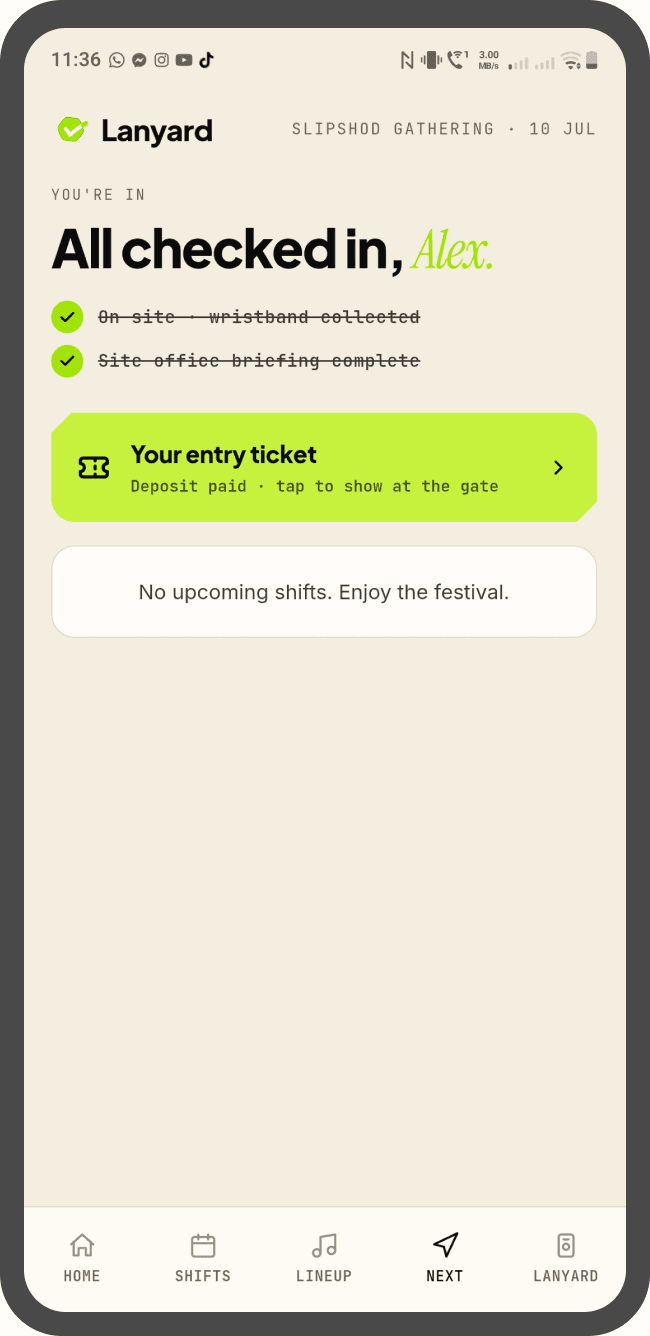 Check-in screen — 'All checked in, Alex', wristband collected, entry ticket ready.