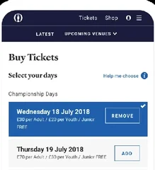 The Open's ticket builder on a phone, days of the Championship listed