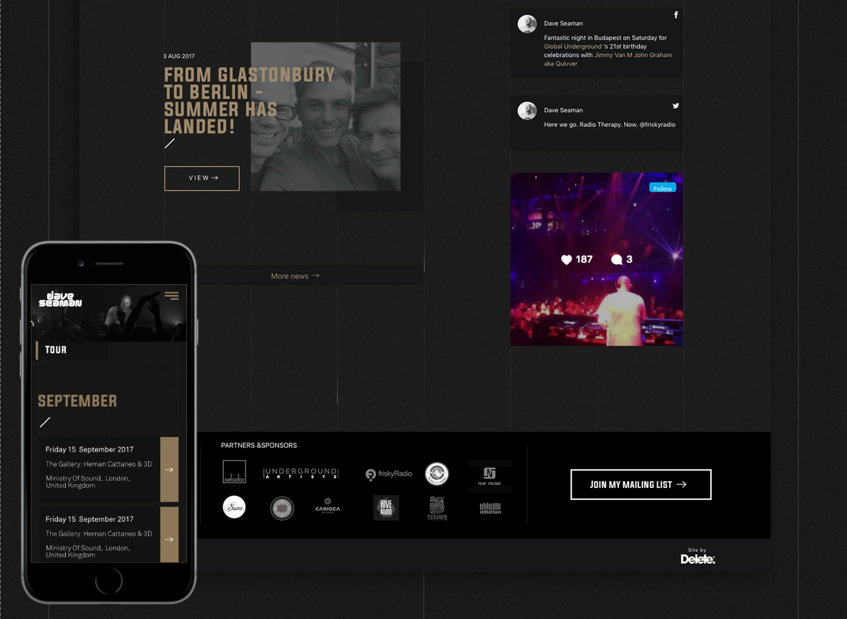 The homepage design — hero, latest release and Radio Therapy in the black-and-gold system