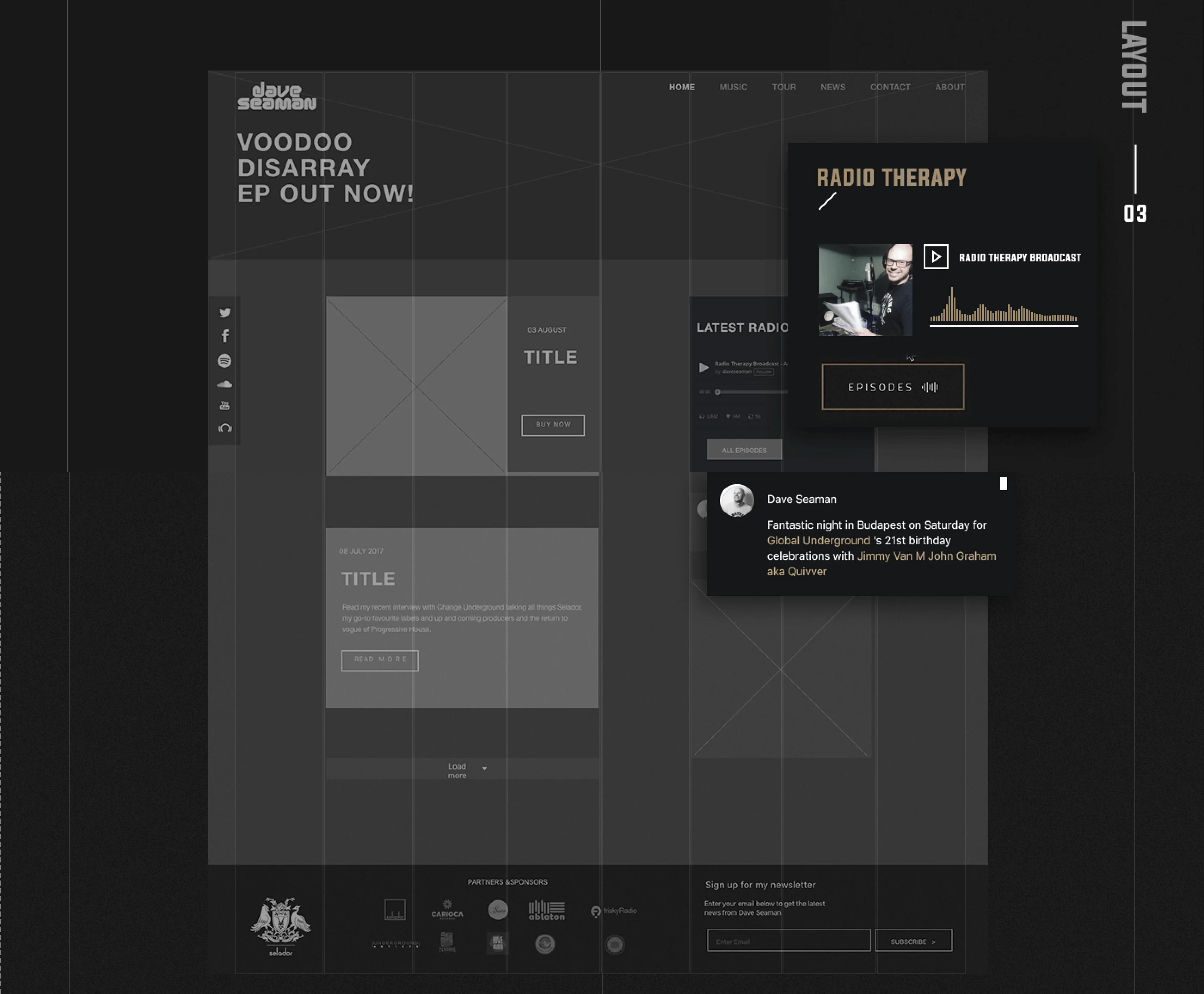 Home template wireframe with grid overlay and the Radio Therapy broadcast module