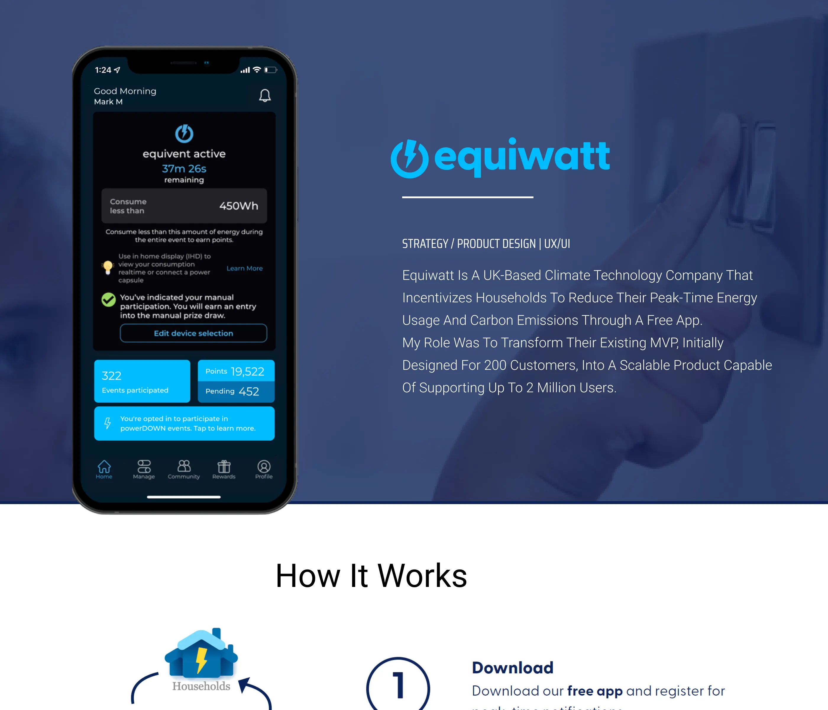 Hero — the equiwatt app on a phone against the dark ground, with the product introduction, and how it works: download, save energy at peak times, earn rewards.