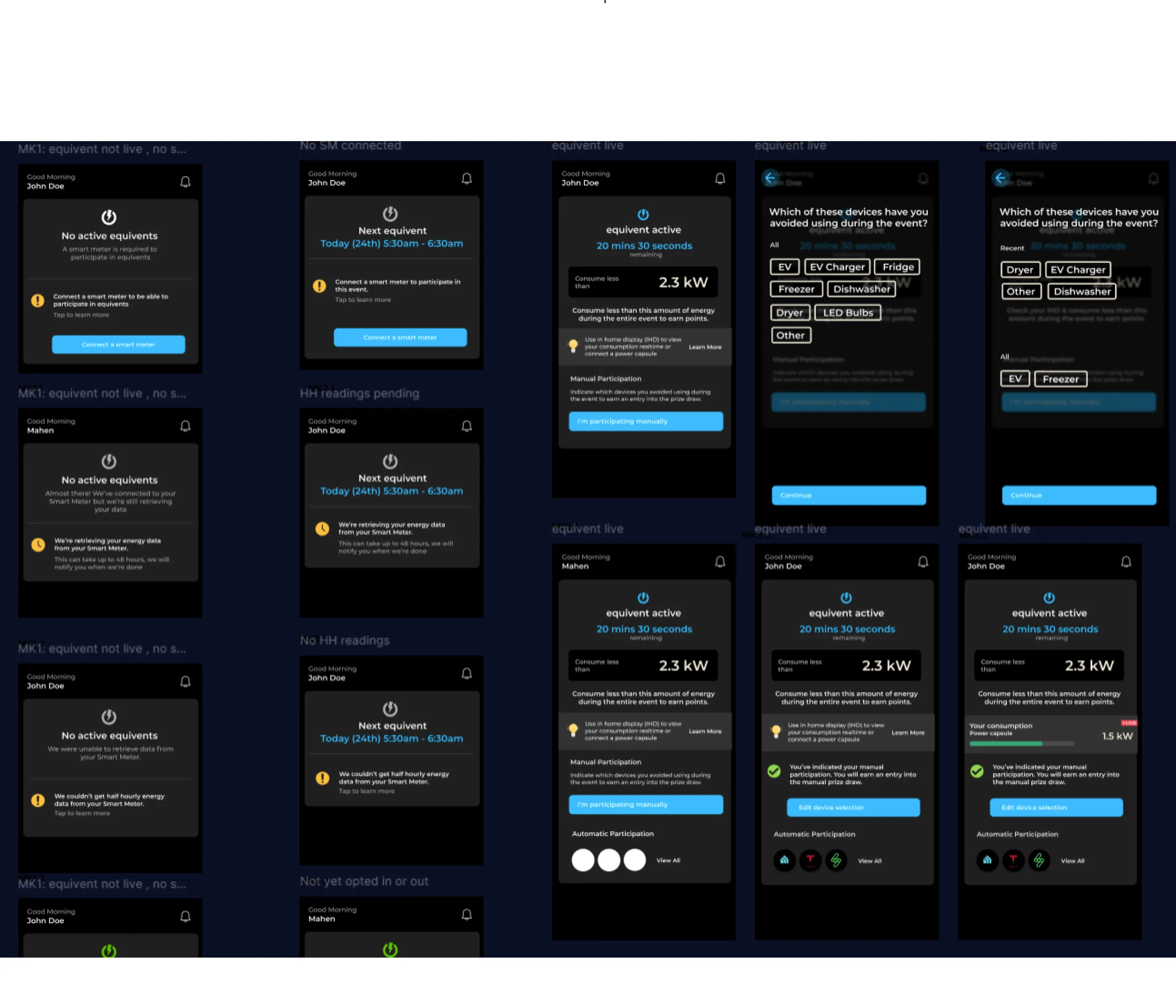 The app UI — dark energy-event screens: joining an event, live progress and results.