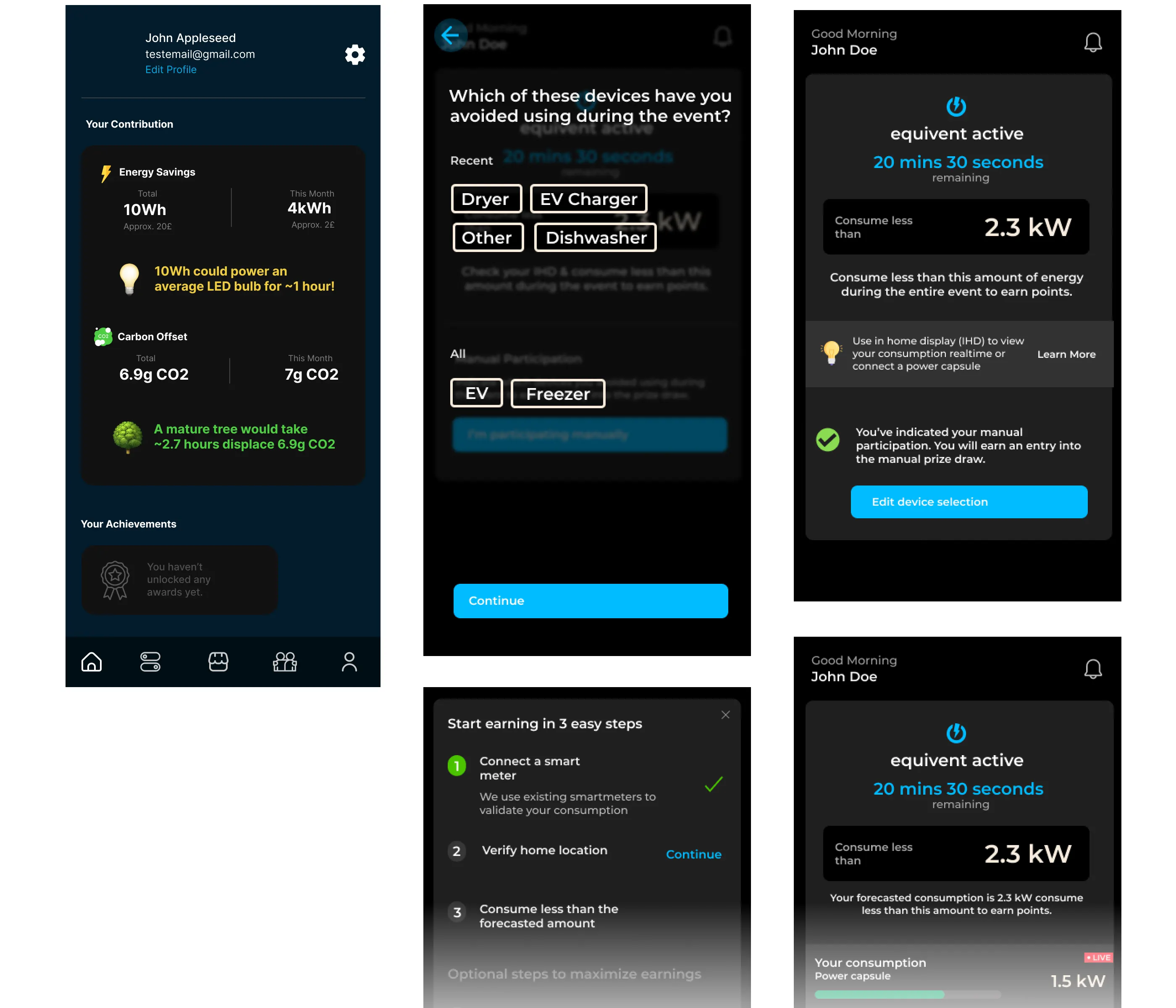 Account, verification and settings screens in the dark UI.