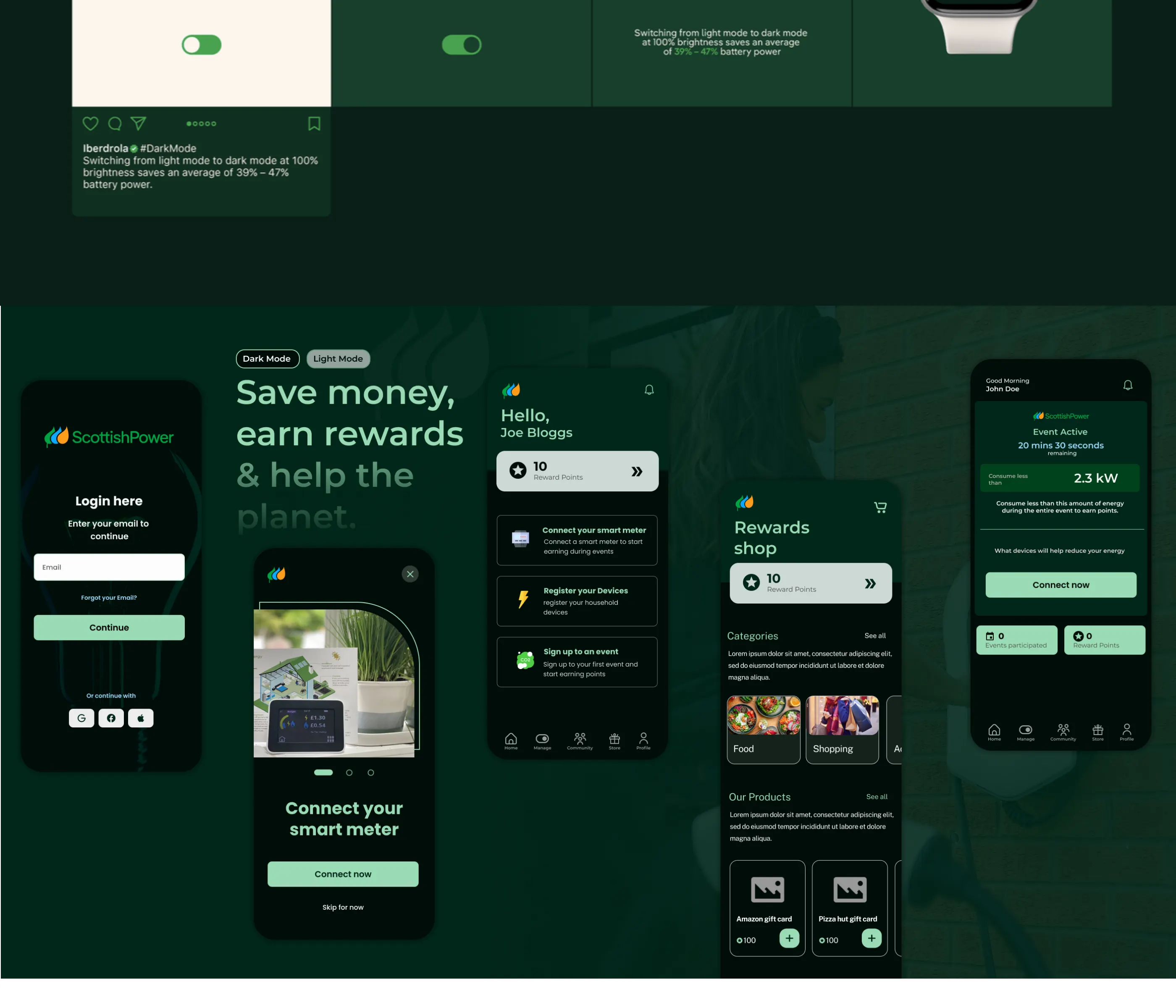 Save money, earn rewards — the marketing screens and store presence.