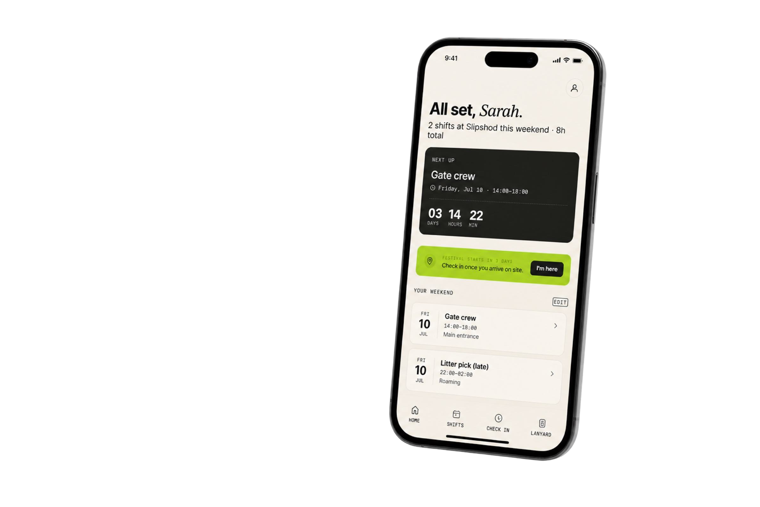 The Lanyard app on a phone — a volunteer's shifts for the weekend