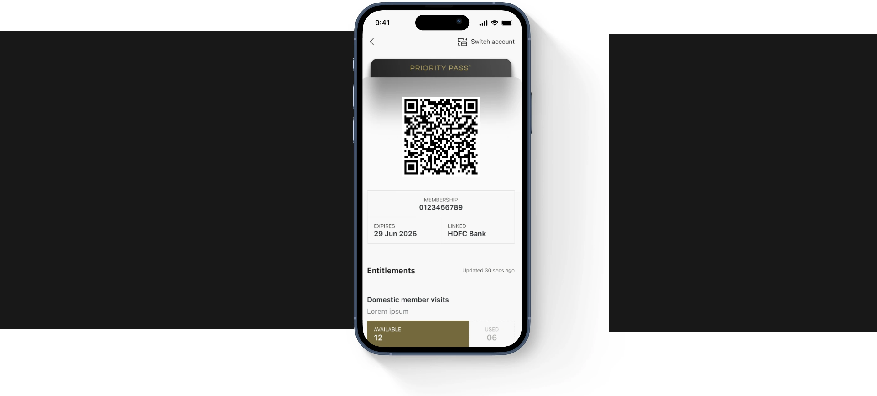The digital pass screen: a large QR code above the membership number, expiry date, linked bank and the remaining entitlements.