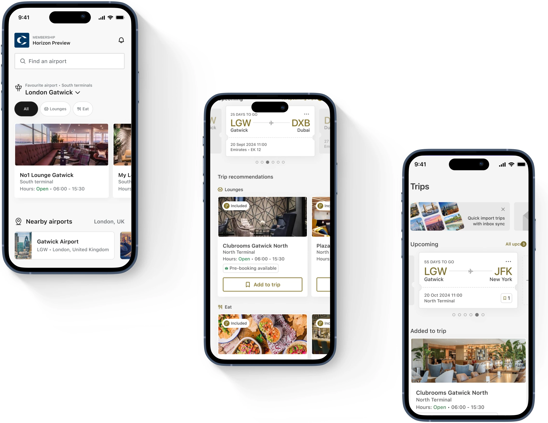 Three browsing screens: lounges at a favourite airport, trip recommendations for a Gatwick to Dubai flight, and a trip with a lounge added to it.