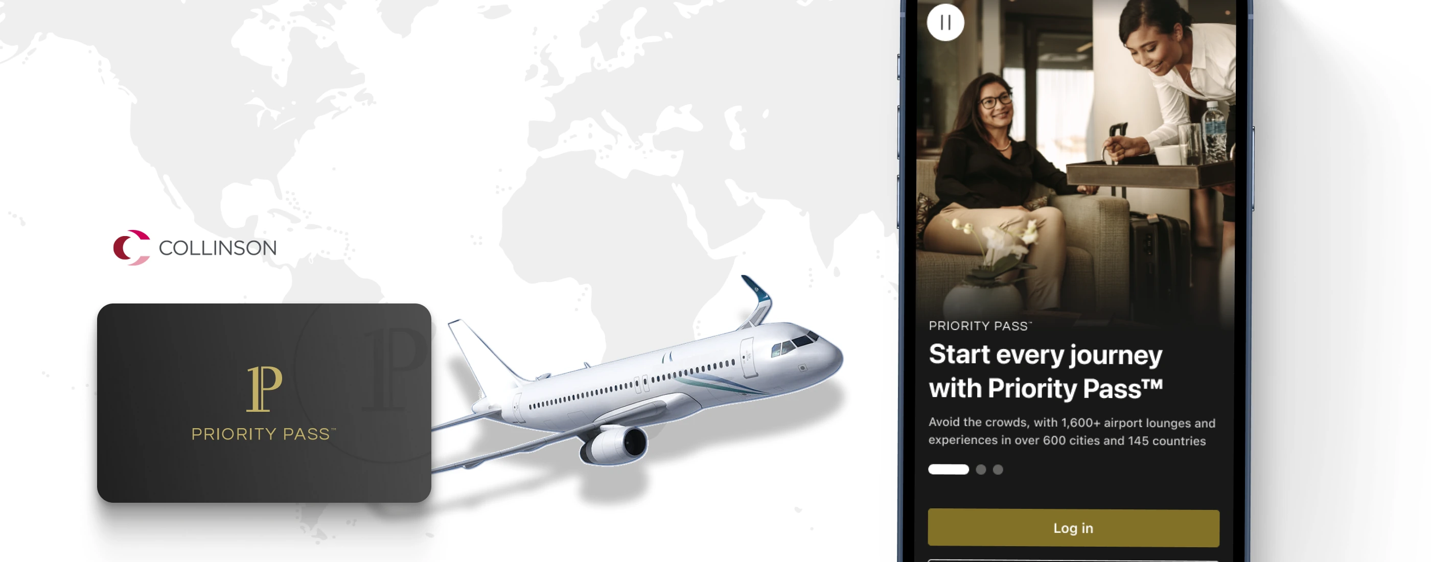 Priority Pass brand furniture: the world-map backdrop, the Collinson logotype, the black membership card and an aircraft, with the member app's welcome screen on an iPhone.