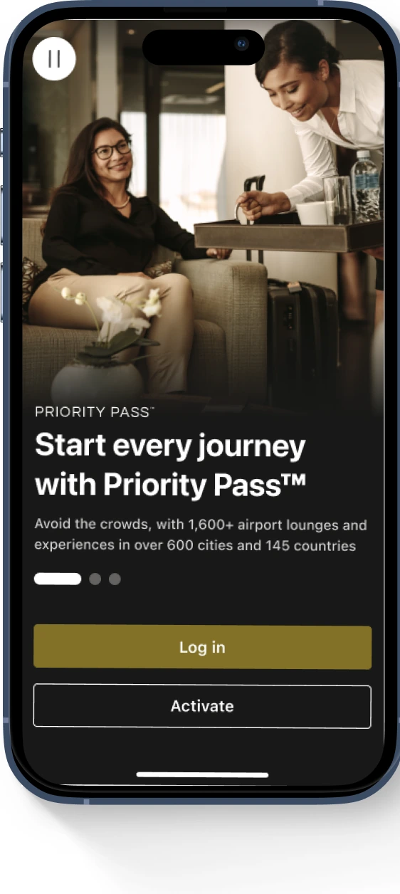 The Priority Pass welcome screen on an iPhone: “Start every journey with Priority Pass”, with Log in and Activate.