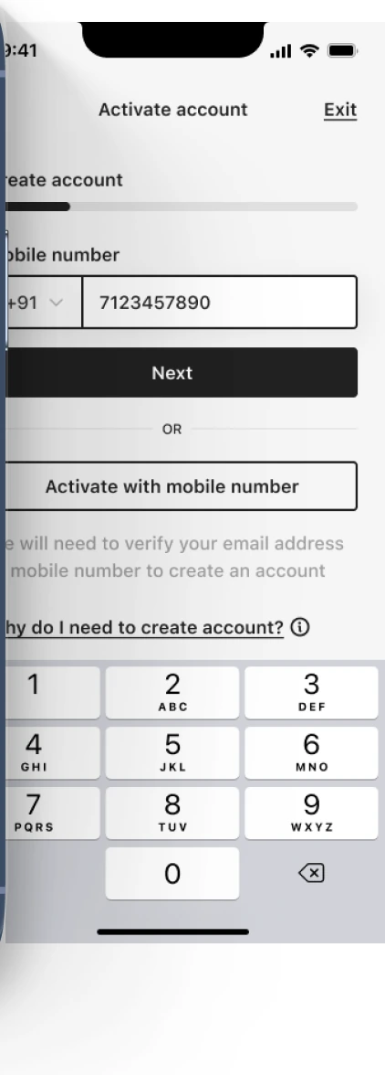 Create account — mobile number entry over a numeric keypad, with the option to activate by mobile instead.