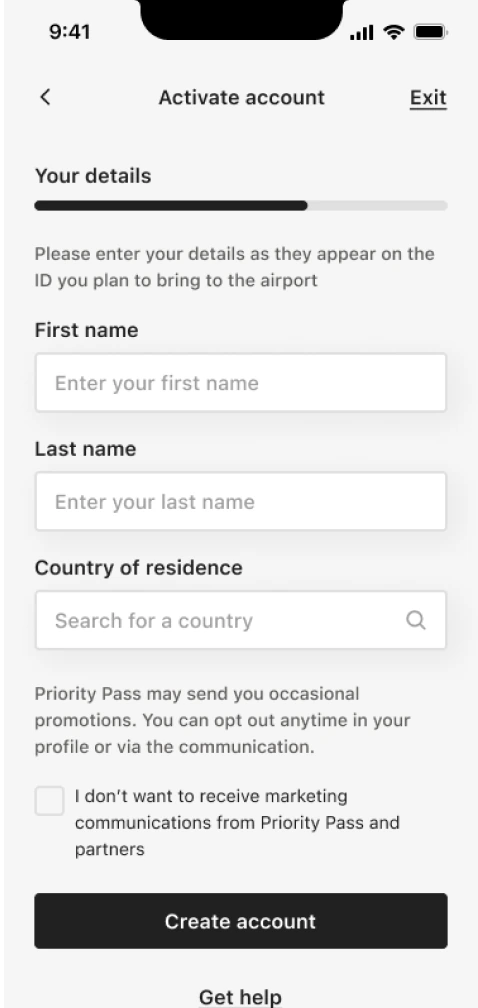 Your details — first name, last name and country of residence, as they appear on the ID taken to the airport.