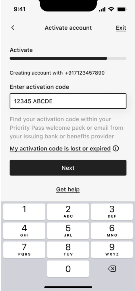 Activate — entering the activation code from the welcome pack, with a route out if the code is lost or expired.