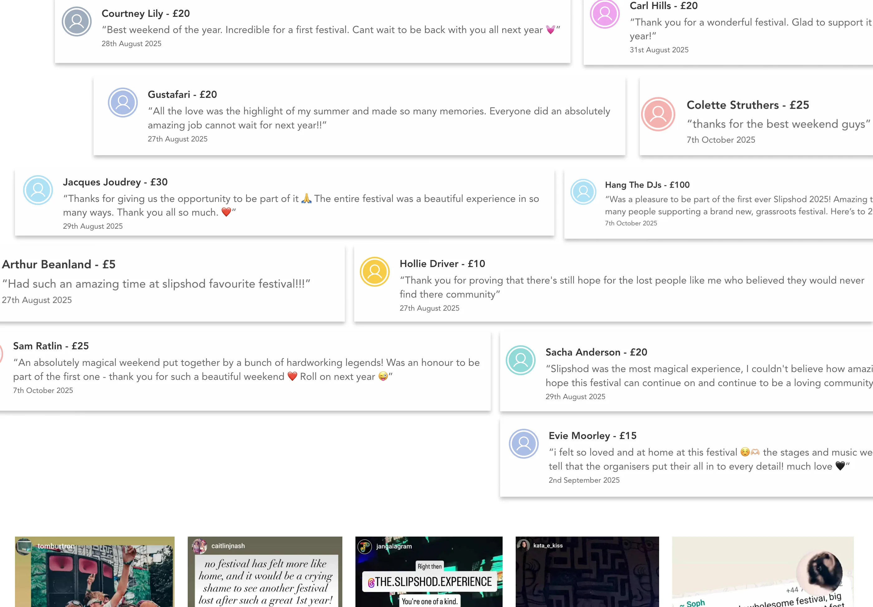 Donation messages from attendees and their Instagram stories from inside the world