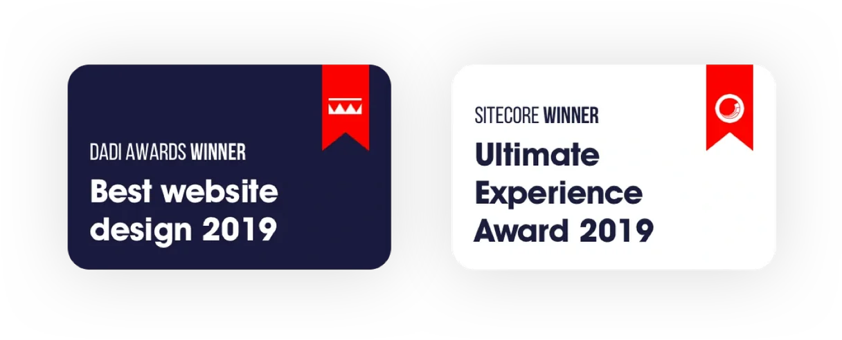 Two award seals: DADI Awards winner, Best website design 2019, and Sitecore winner, Ultimate Experience Award 2019.
