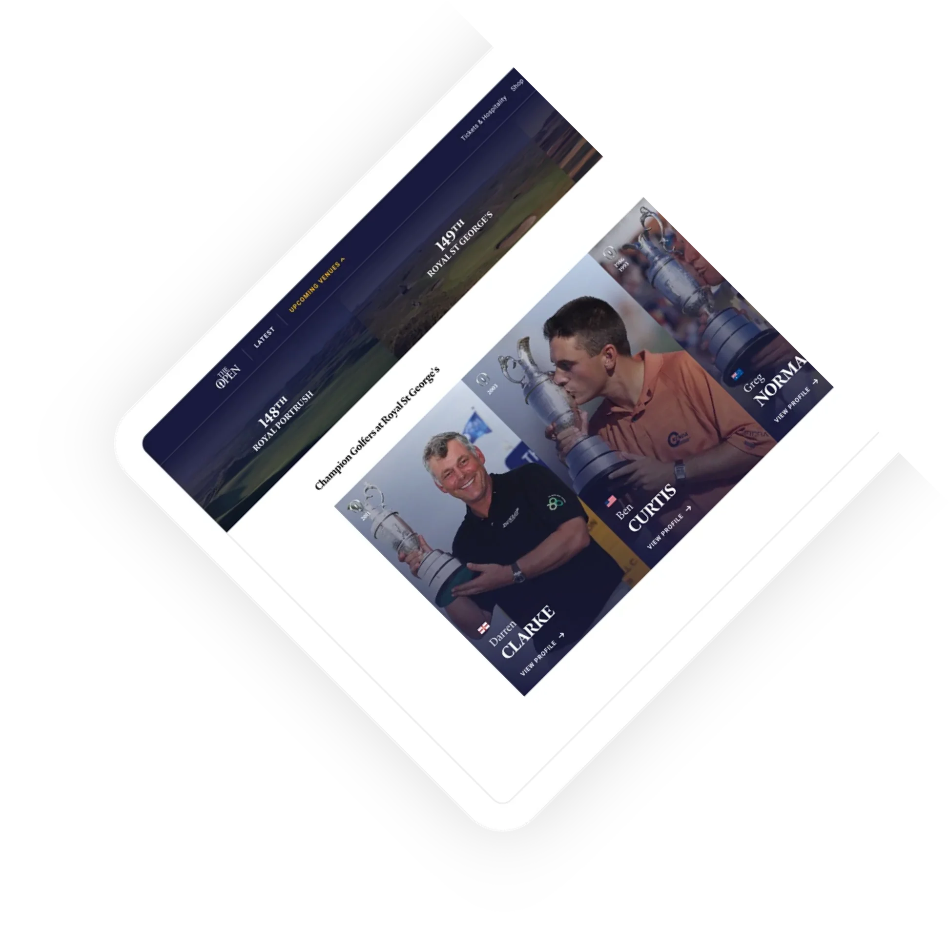The 148th Open home page on a tablet — Royal Portrush hero, hospitality and ticket calls to action.