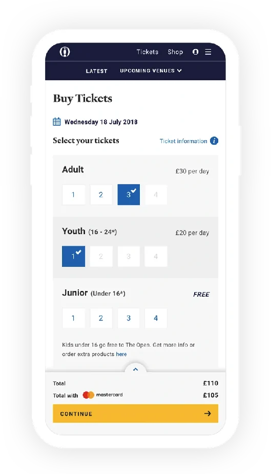 Mobile ticket selection: adult, youth and junior steppers with a running basket total.