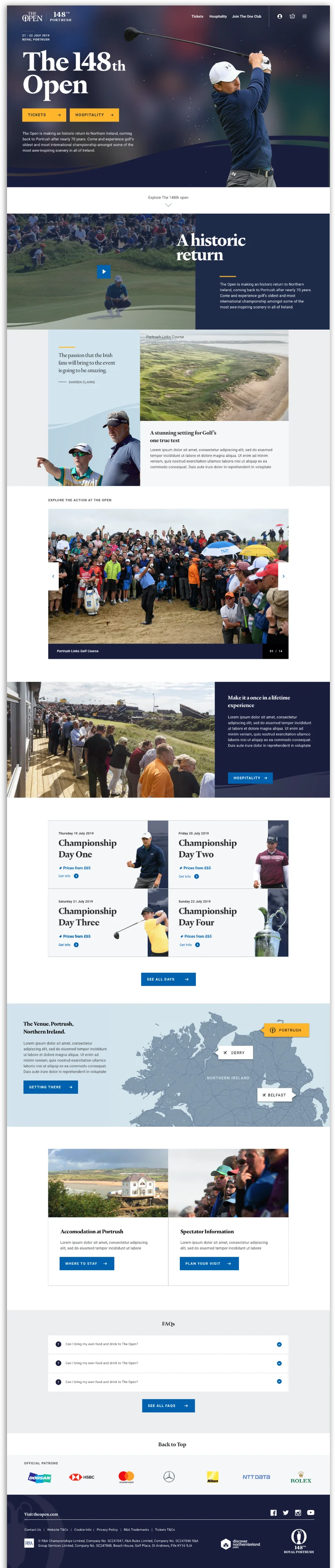 The full desktop home page: hero, a historic return film, the course, the crowd, day cards, the venue map and the FAQs.