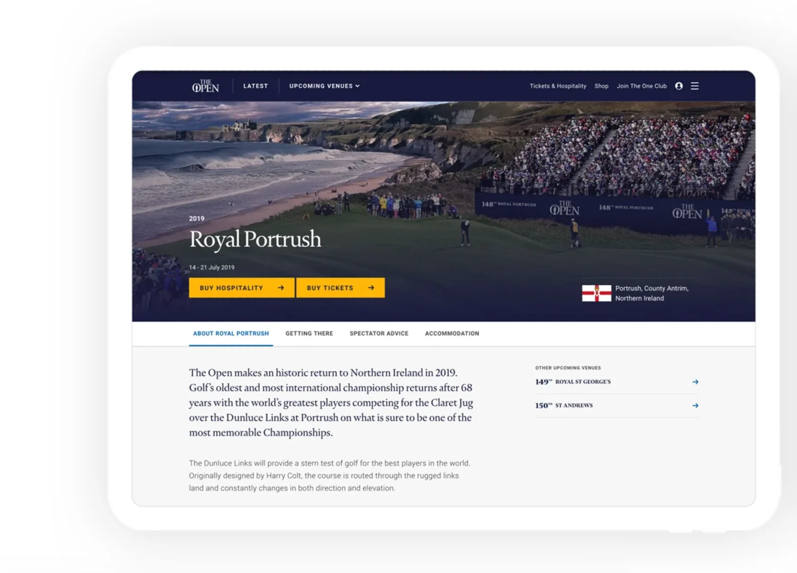 The Royal Portrush venue page on a tablet — hospitality and ticket calls to action, with the other upcoming venues alongside.
