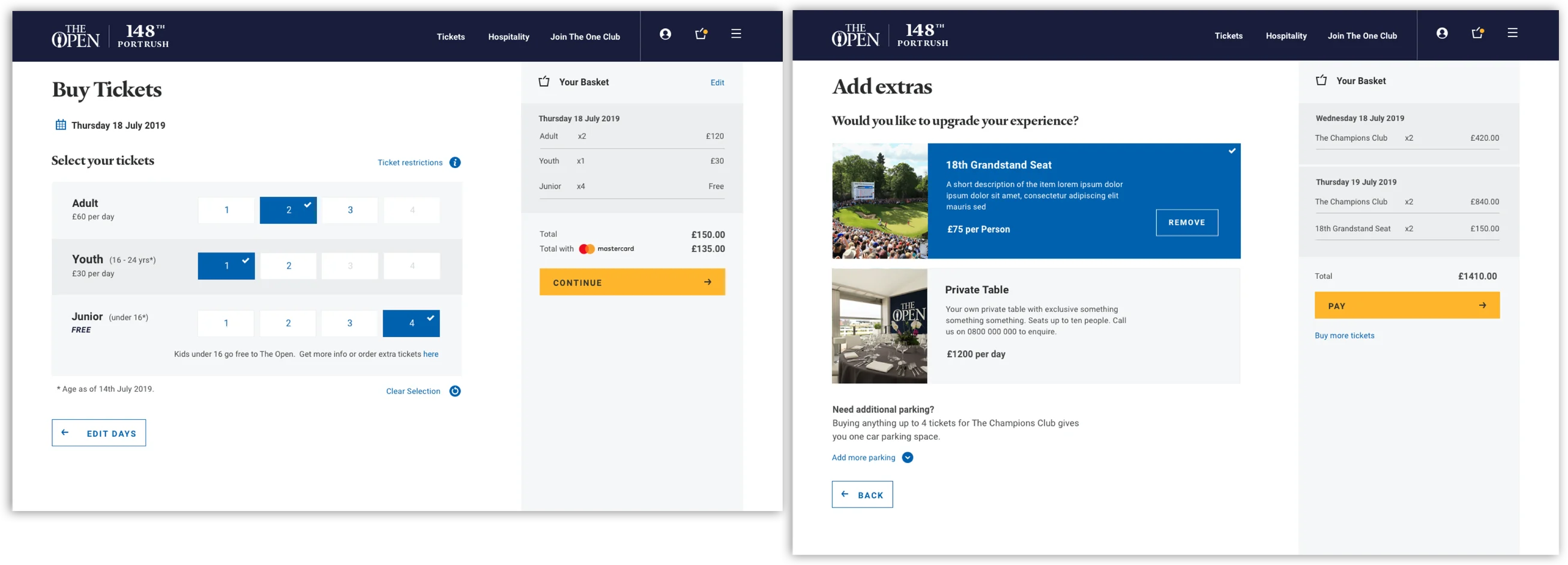 The built ticket flow: selecting days and ticket types, then upgrading with grandstand seats and hospitality extras.