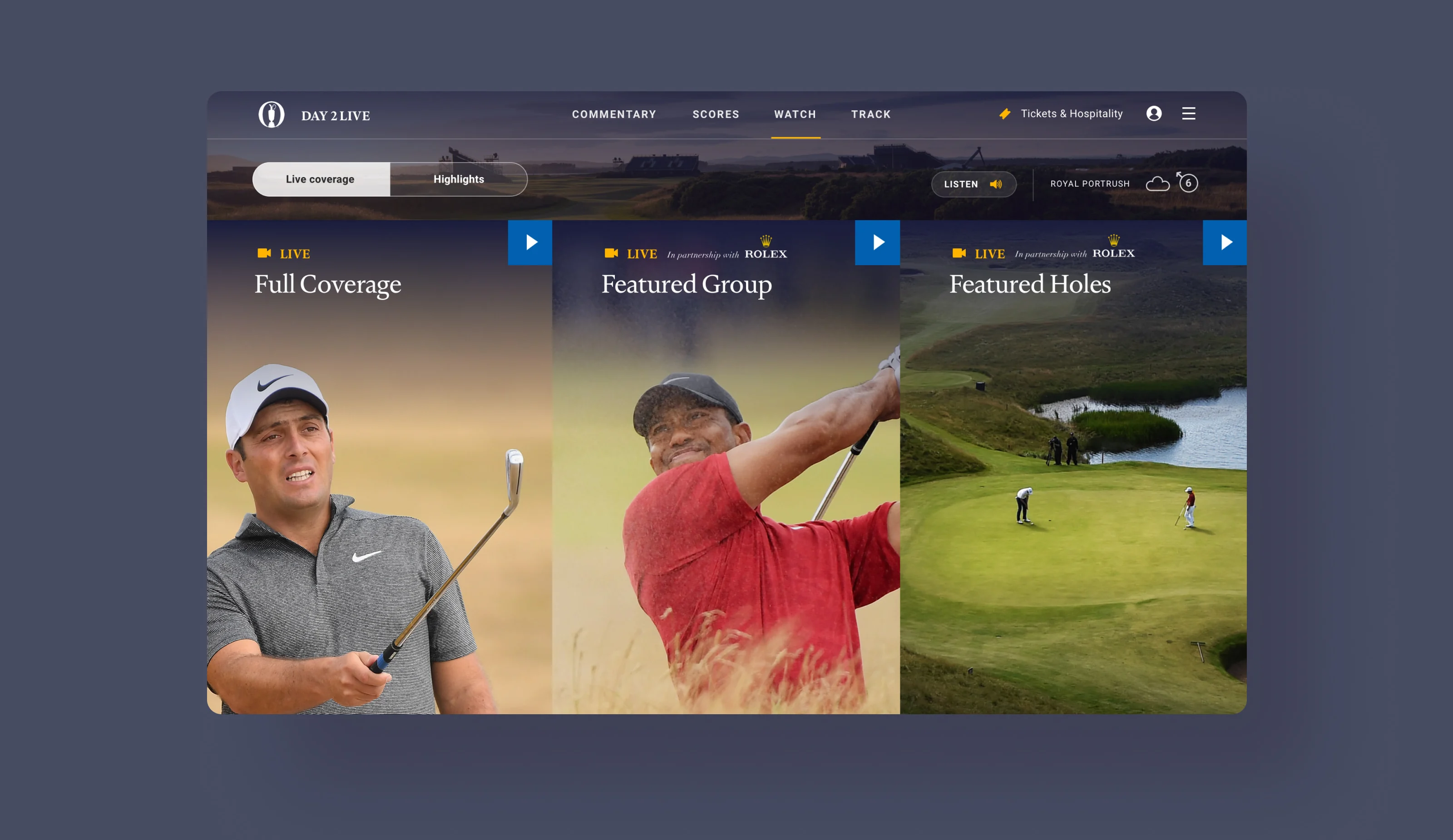 Day 2 Live: full coverage, featured group and featured holes running side by side in the watch experience.