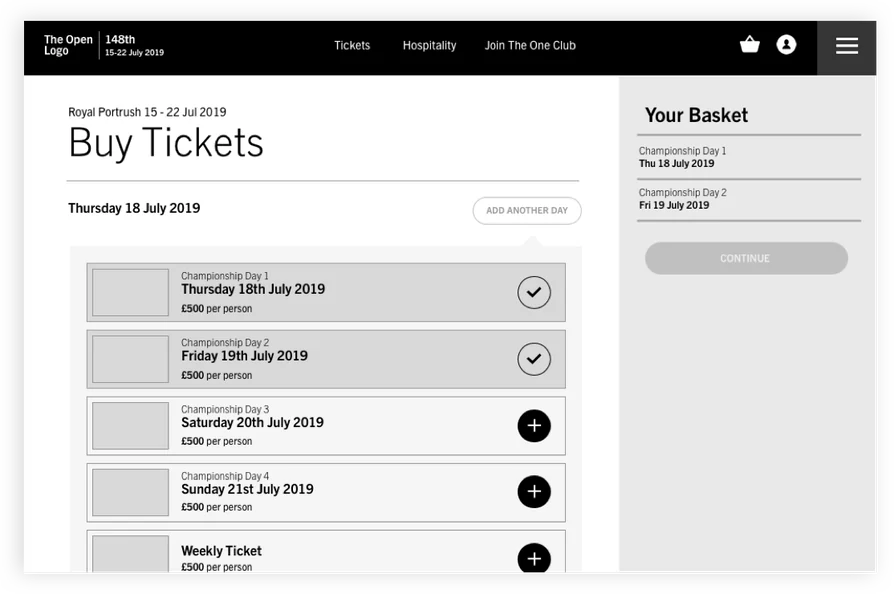 Wireframe: Buy Tickets, picking championship days, with the basket priced alongside.