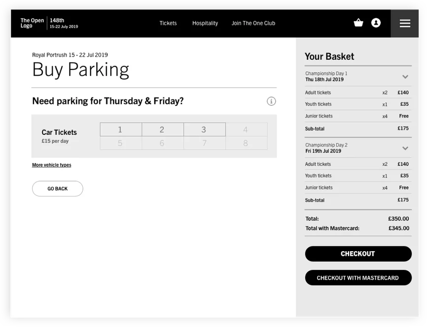 Wireframe: Buy Parking, car, motorcycle, minibus and coach passes against the same basket.