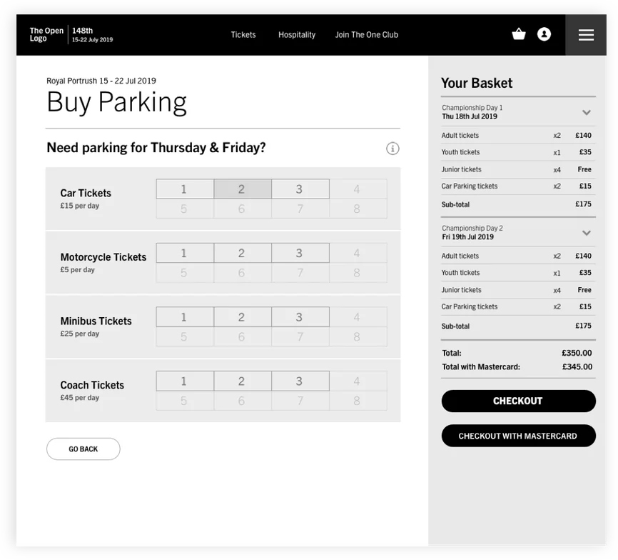 Wireframe: Buy Parking for a single day, basket totalled and ready for checkout.