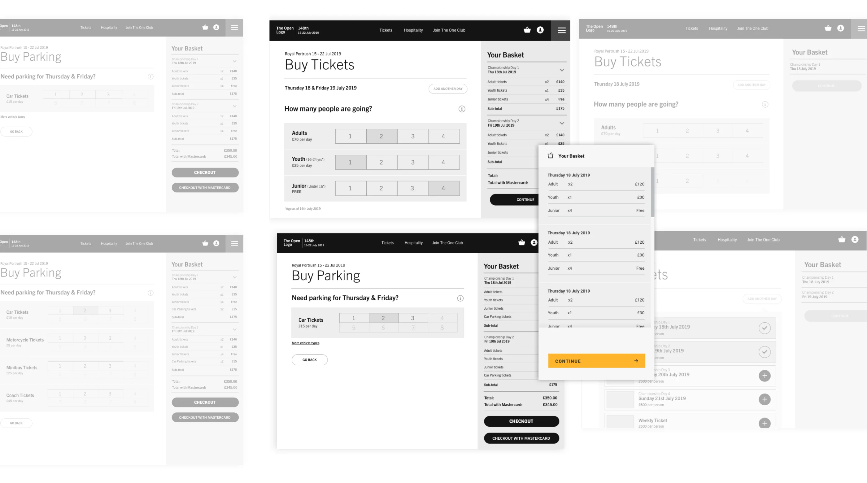 Six ticket-builder wireframes in a cascade — Buy Tickets and Buy Parking flows against a running basket, the outer columns ghosted — with the narrow mobile basket floating over them, totalled and ready for checkout.